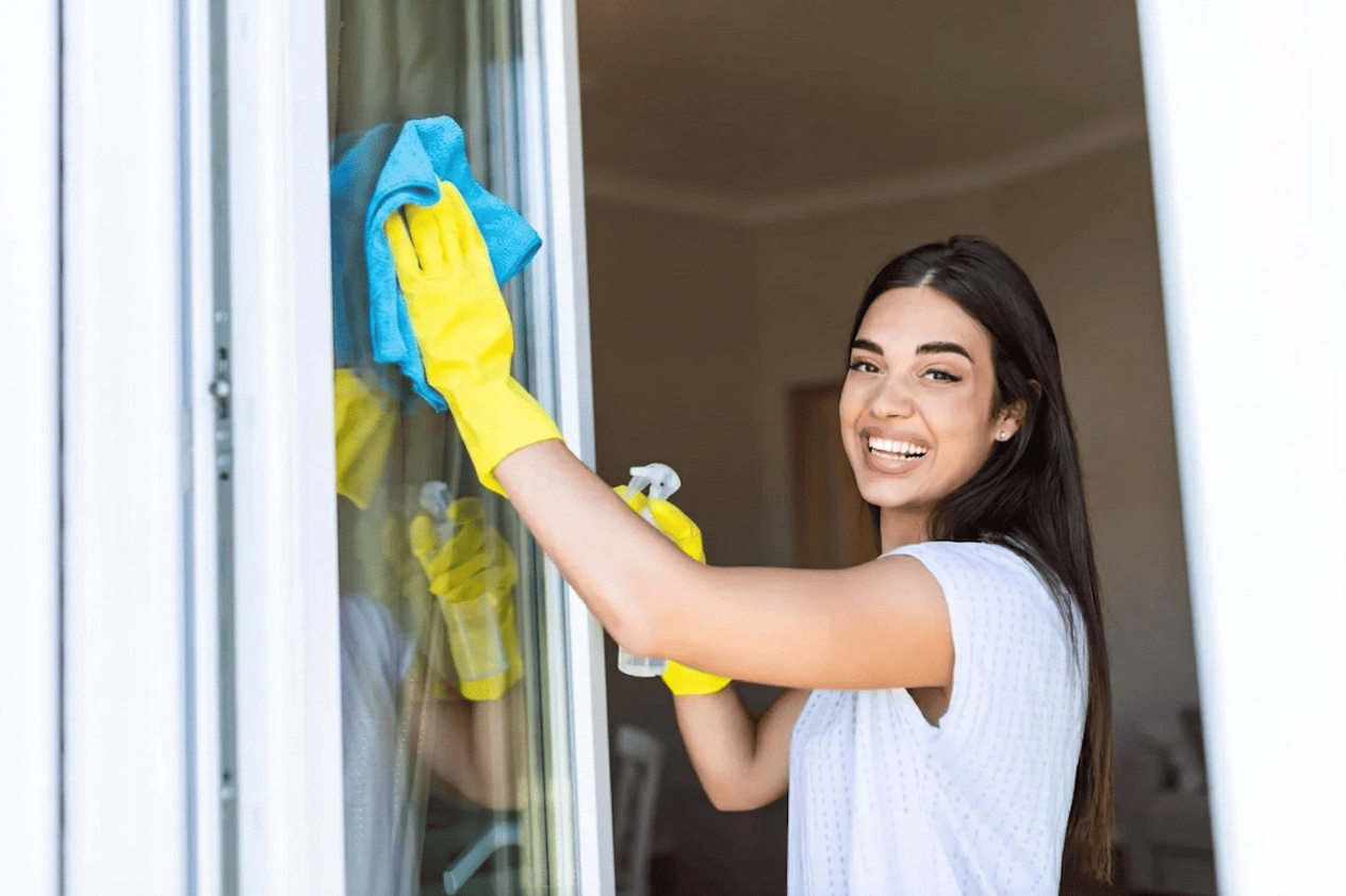 Eine fröhliche Frau reinigt ein Fenster mit einem blauen Tuch